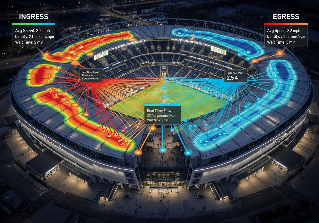 Stadium operational intelligence — real-time ingress and egress flow mapping